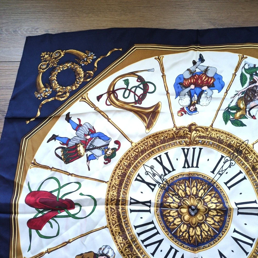 Echo for Talbots Silk Holiday Scarf 12 Days of Christmas Silk Clock Navy Blue